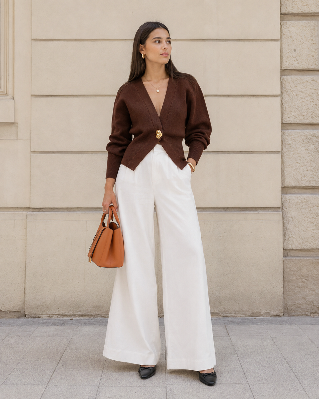 Smart-Casual Chic – Cream V-Neck Cardigan with Gold Buttons