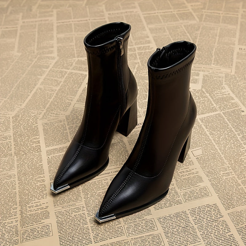 Pointed-Toe Chunky Heel Ankle Boots in Black Faux Leather for Everyday Wear