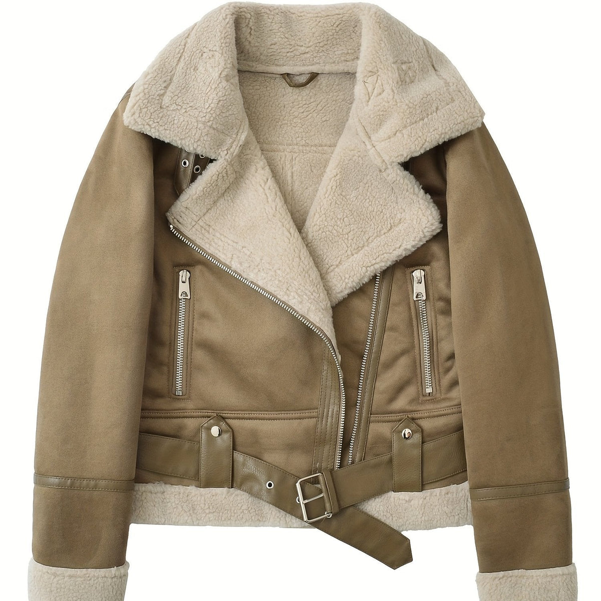 Belted Aviator Jacket in Faux Leather for Women - Stylish Outerwear