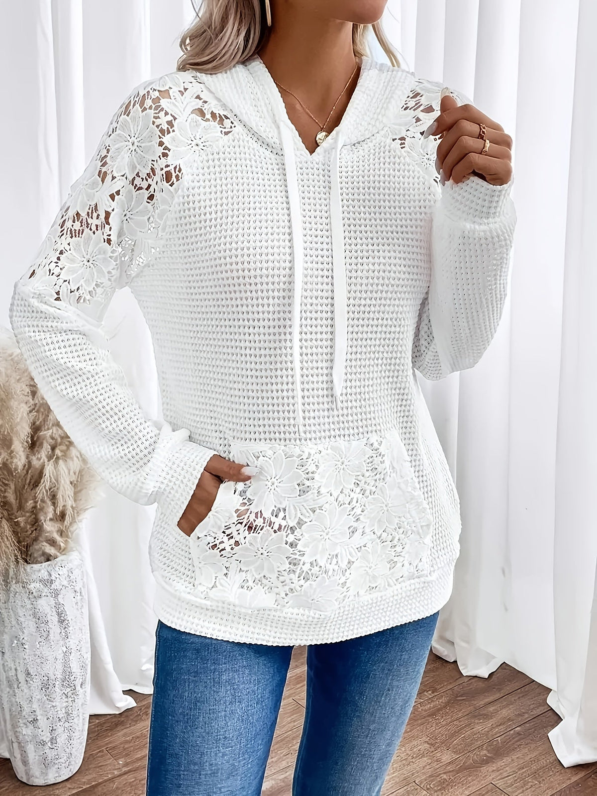 Floral-Trimmed Hooded Sweatshirt for Women - Casual Wear Top
