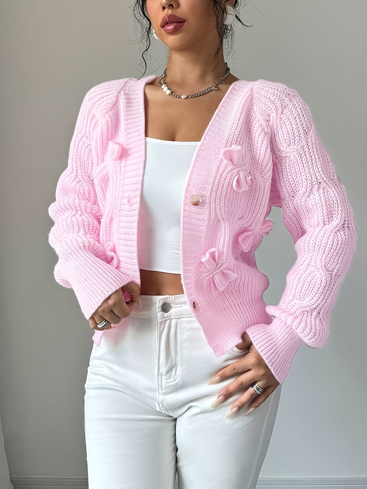 Soft Bow-Detail Long Sleeve Cardigan in Comfortable Knit for Casual Wear