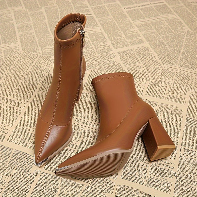 Pointed-Toe Chunky Heel Ankle Boots in Black Faux Leather for Everyday Wear