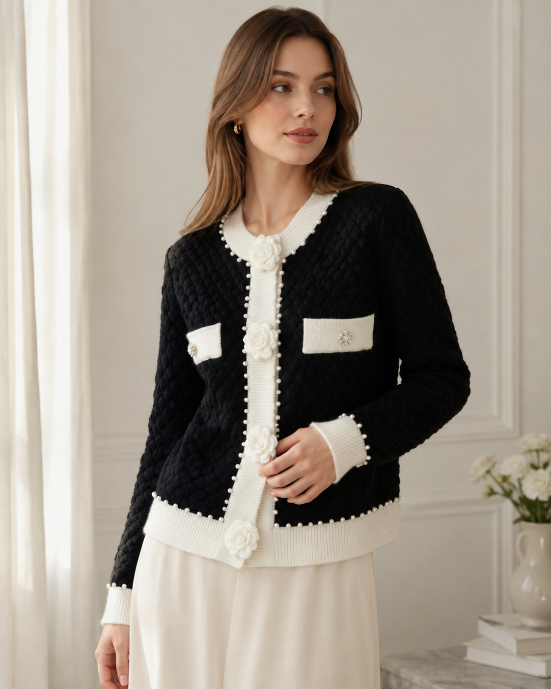 Everyday Elegance – Pearl-Adorned Cardigan with Pockets