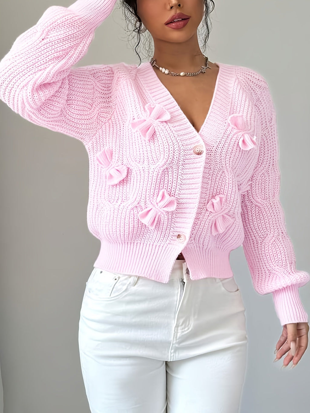 Soft Bow-Detail Long Sleeve Cardigan in Comfortable Knit for Casual Wear