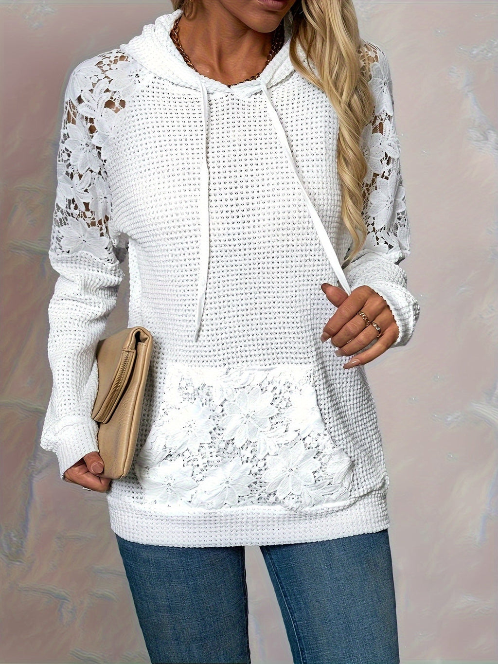 Floral-Trimmed Hooded Sweatshirt for Women - Casual Wear Top