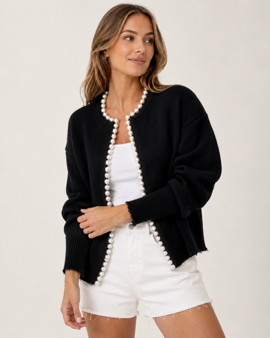 Chilly Evening Out – Soft Open Cardigan with Pearl Trim