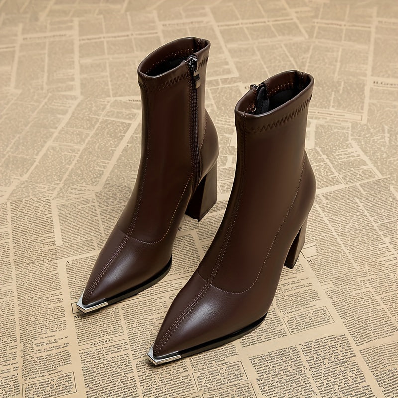 Pointed-Toe Chunky Heel Ankle Boots in Black Faux Leather for Everyday Wear