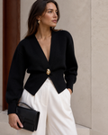 Smart-Casual Chic – Cream V-Neck Cardigan with Gold Buttons