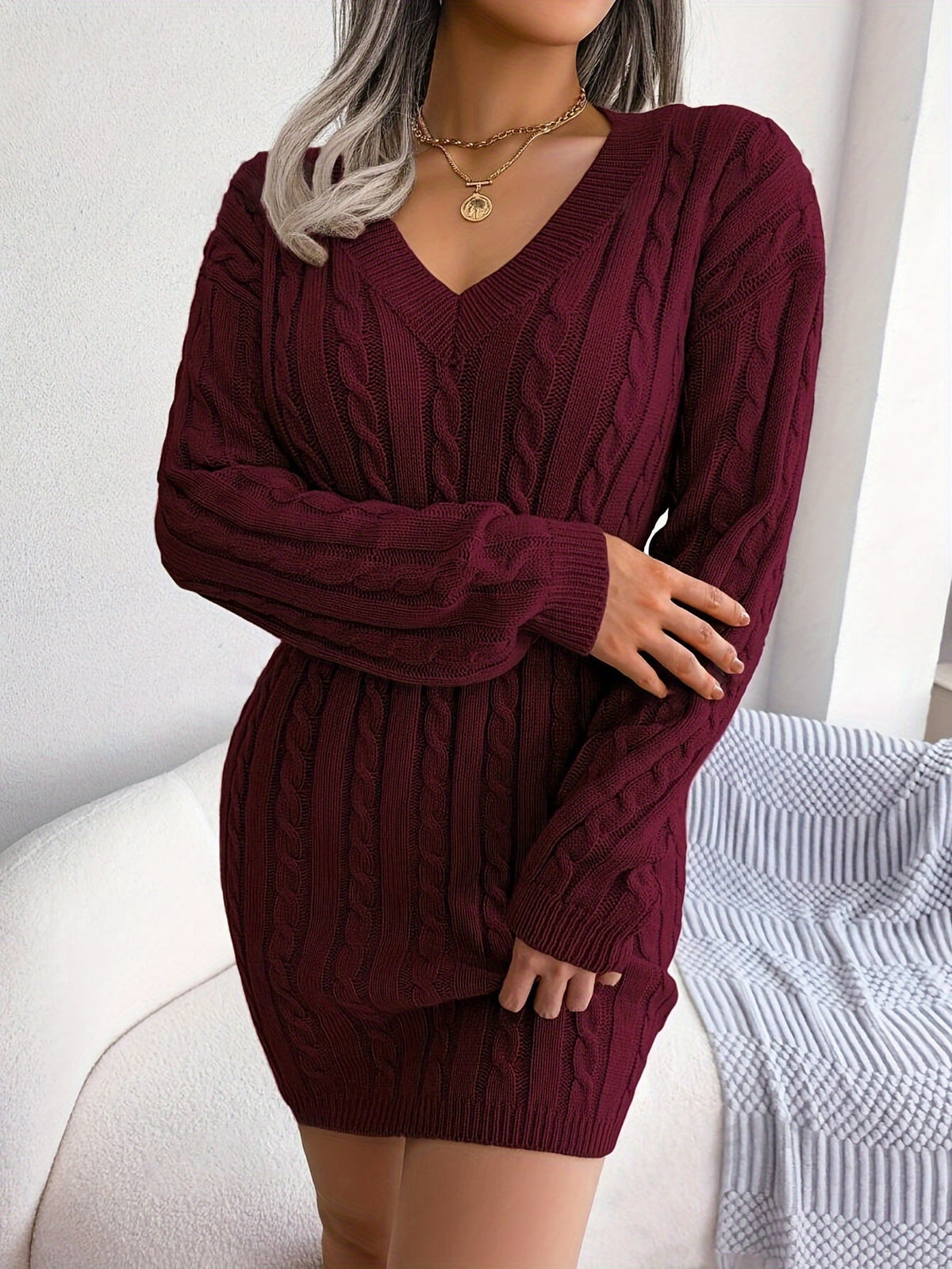 Cable-Knit Peplum Sweater Dress in Soft Fabric for Casual Wear