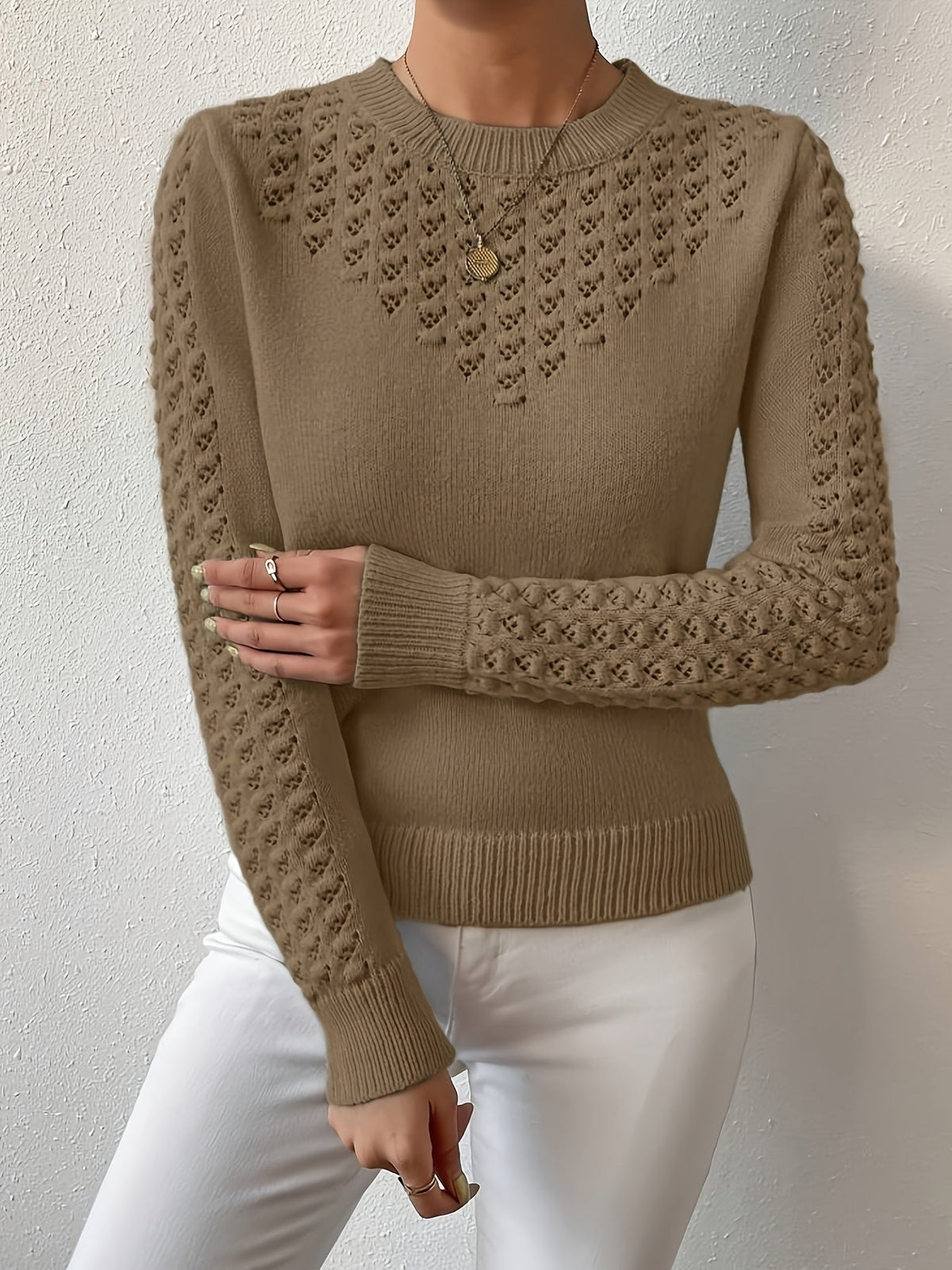 Pointelle Knit Sweater | Round Neck Design | Casual Knitwear for Women