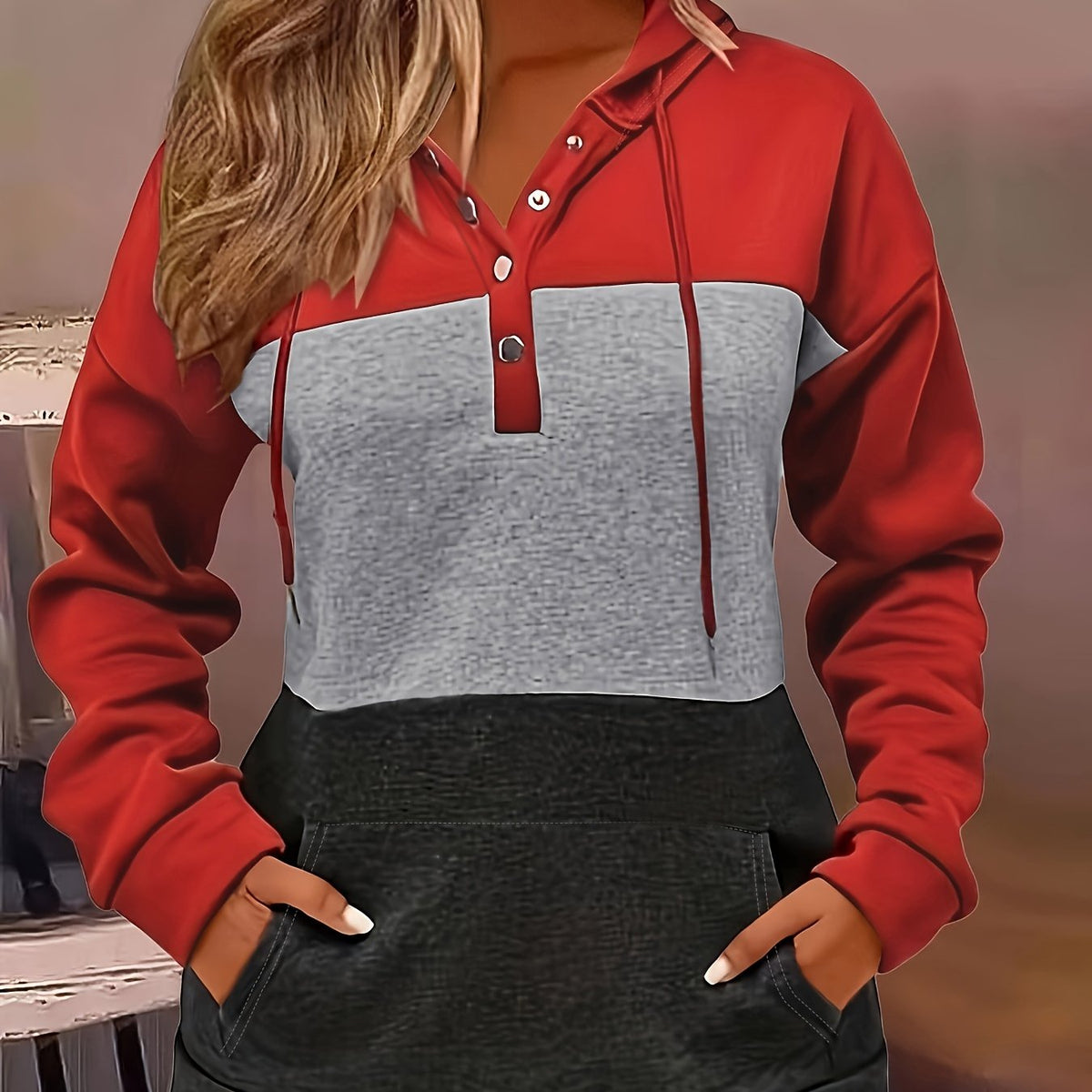 Color Block Button-Neck Hoodie | Cotton Blend | Casual Wear for Women
