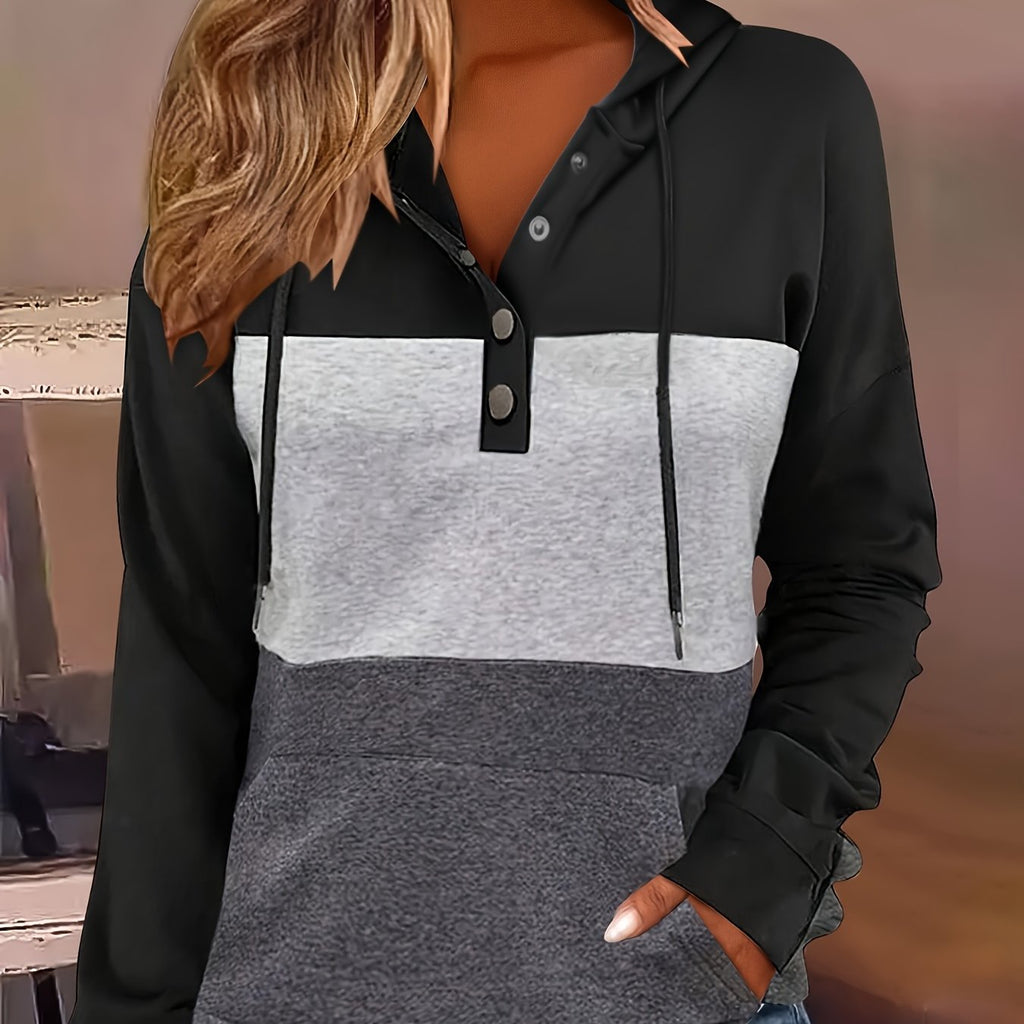 Color Block Button-Neck Hoodie | Cotton Blend | Casual Wear for Women