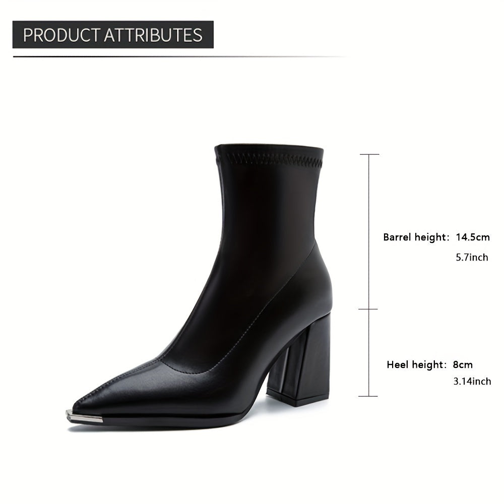 Pointed-Toe Chunky Heel Ankle Boots in Black Faux Leather for Everyday Wear
