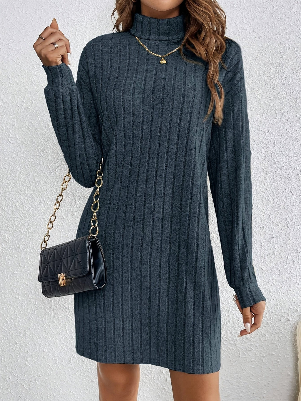 Ribbed Turtleneck Sweater Dress in Knit Fabric for Casual Fall Outfits