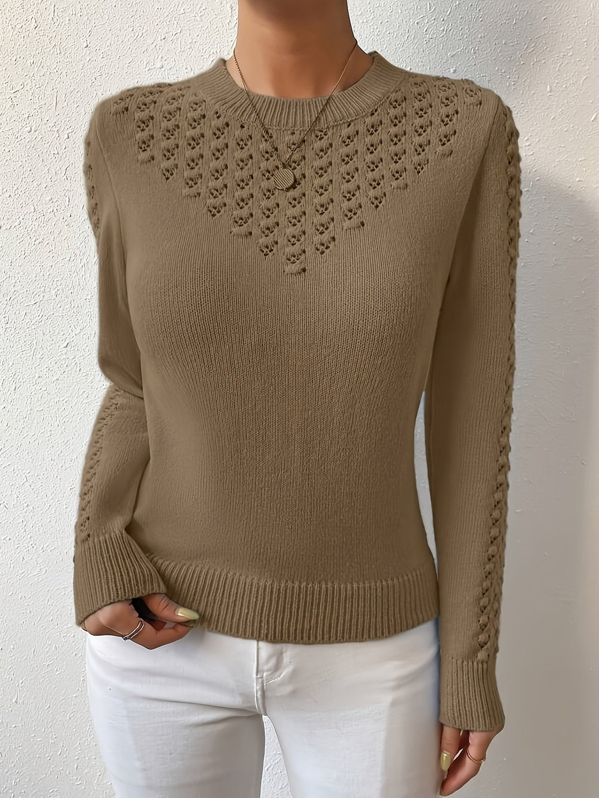 Pointelle Knit Sweater | Round Neck Design | Casual Knitwear for Women
