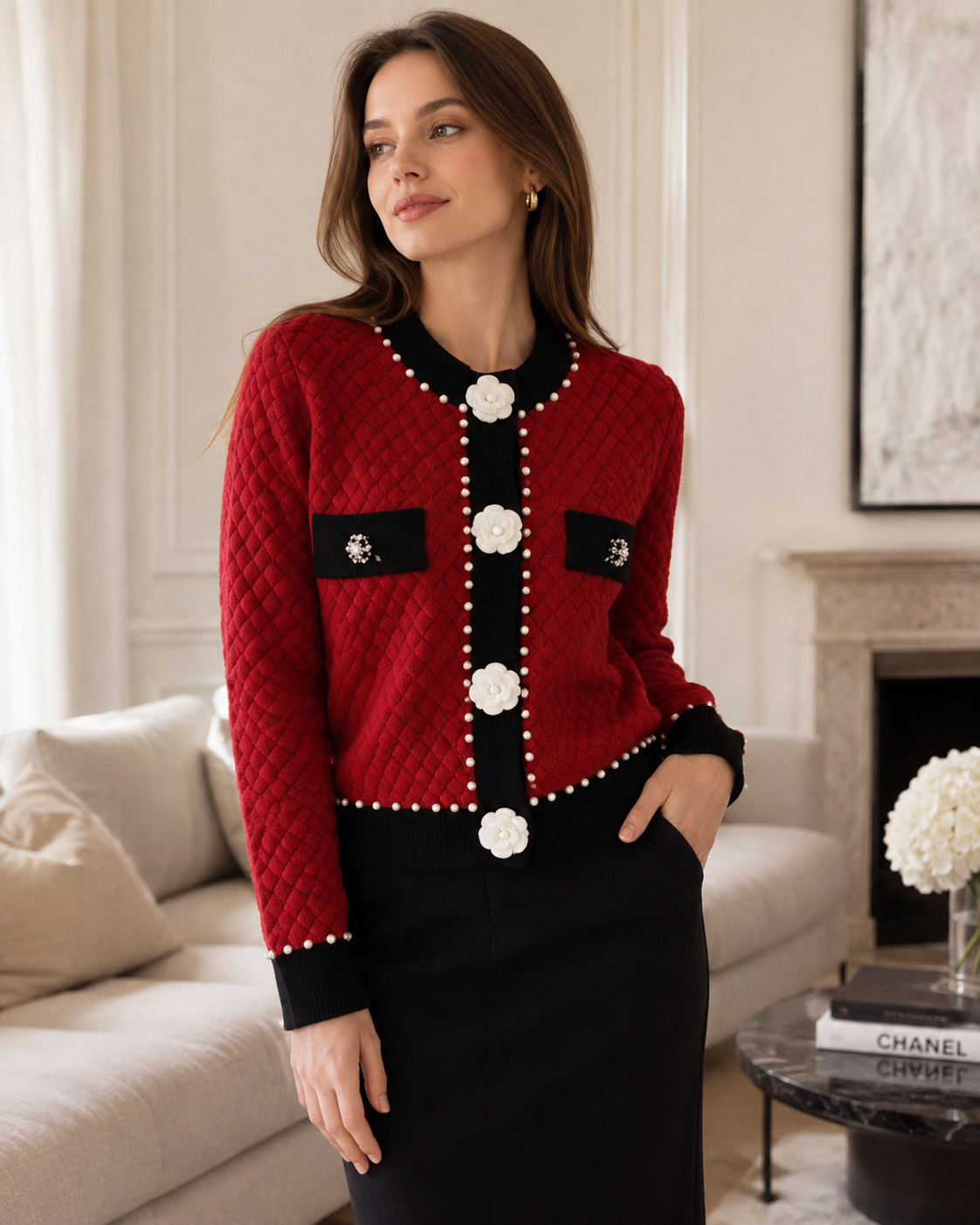 Everyday Elegance – Pearl-Adorned Cardigan with Pockets