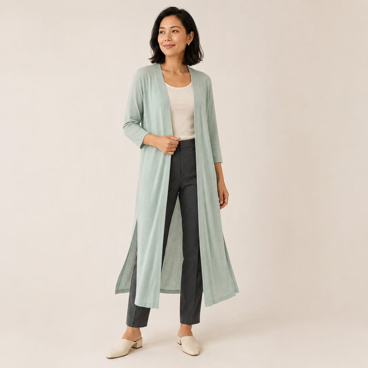 Brunch Ready – Light Grey Longline Open-Front Cardigan