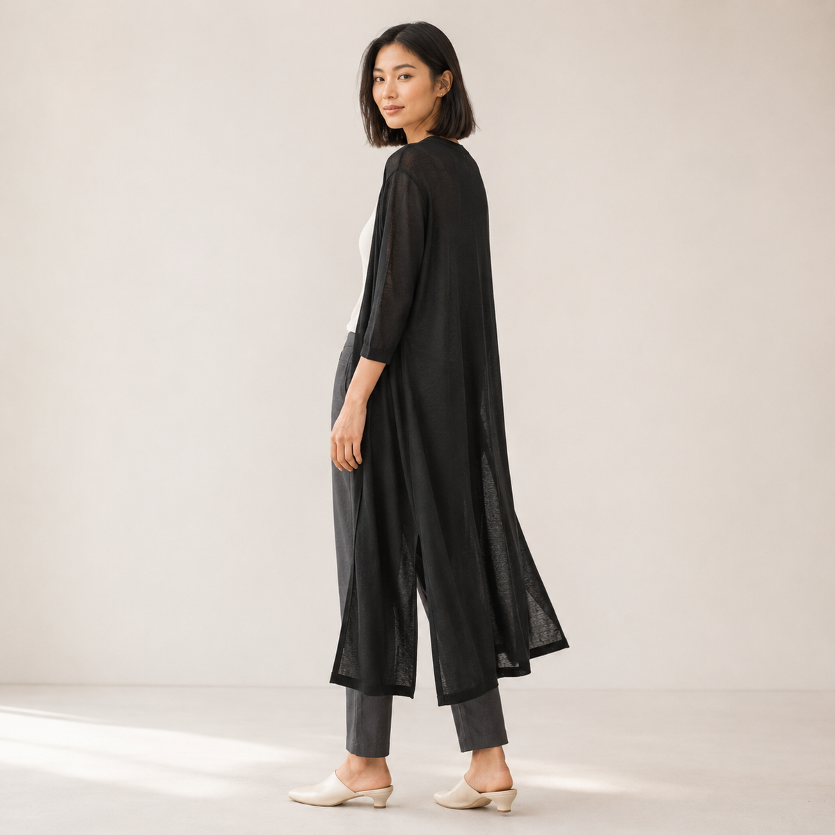 Brunch Ready – Light Grey Longline Open-Front Cardigan