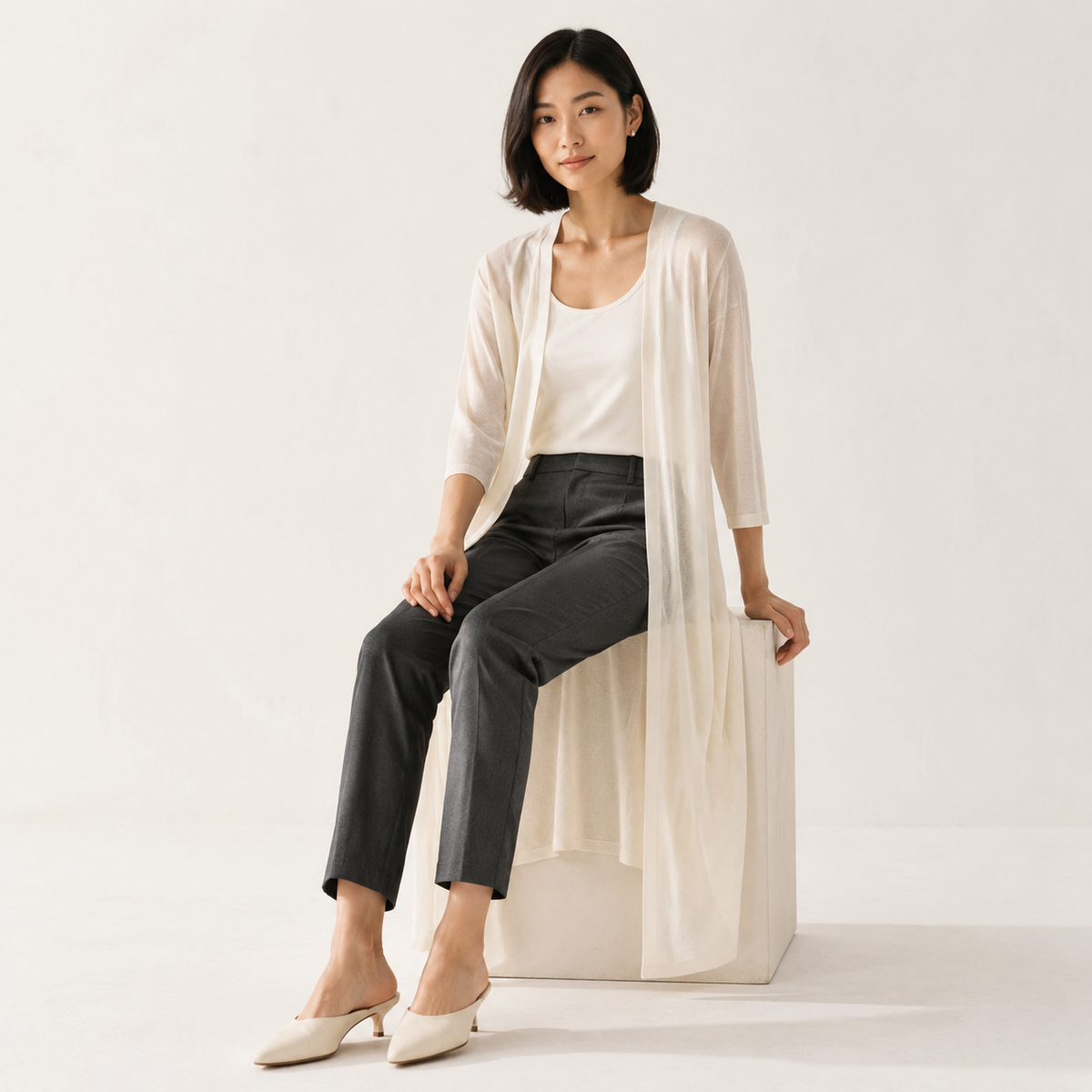Brunch Ready – Light Grey Longline Open-Front Cardigan