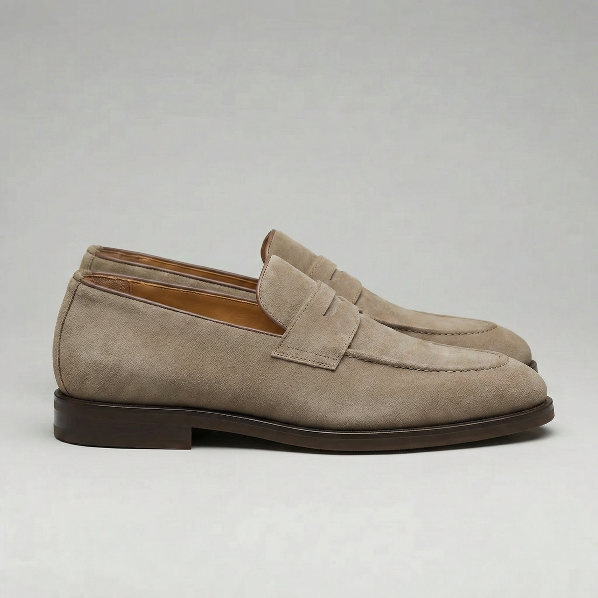 Beige Suede Penny Loafers for Men - Casual Slip-On Shoes for Everyday Wear