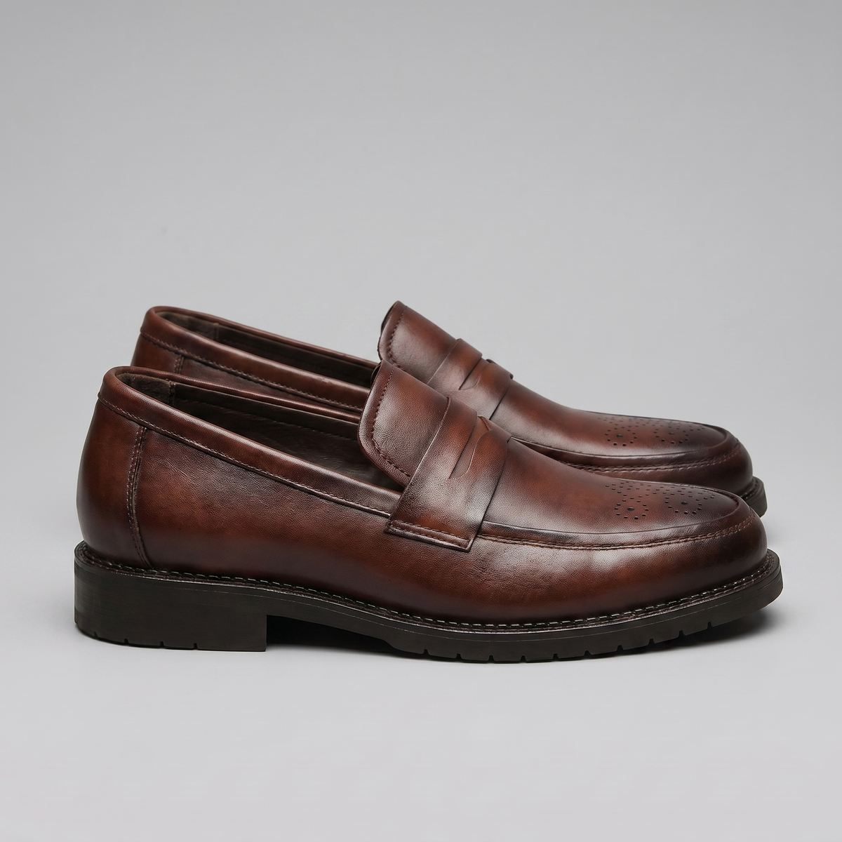 Men's Brogue Penny Loafers - Leather Casual Dress Shoes for Everyday Wear