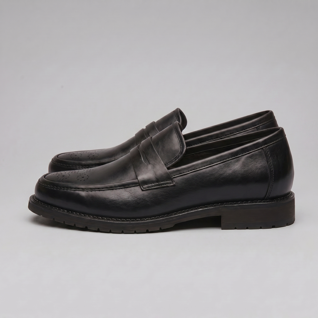 Men's Brogue Penny Loafers - Leather Casual Dress Shoes for Everyday Wear