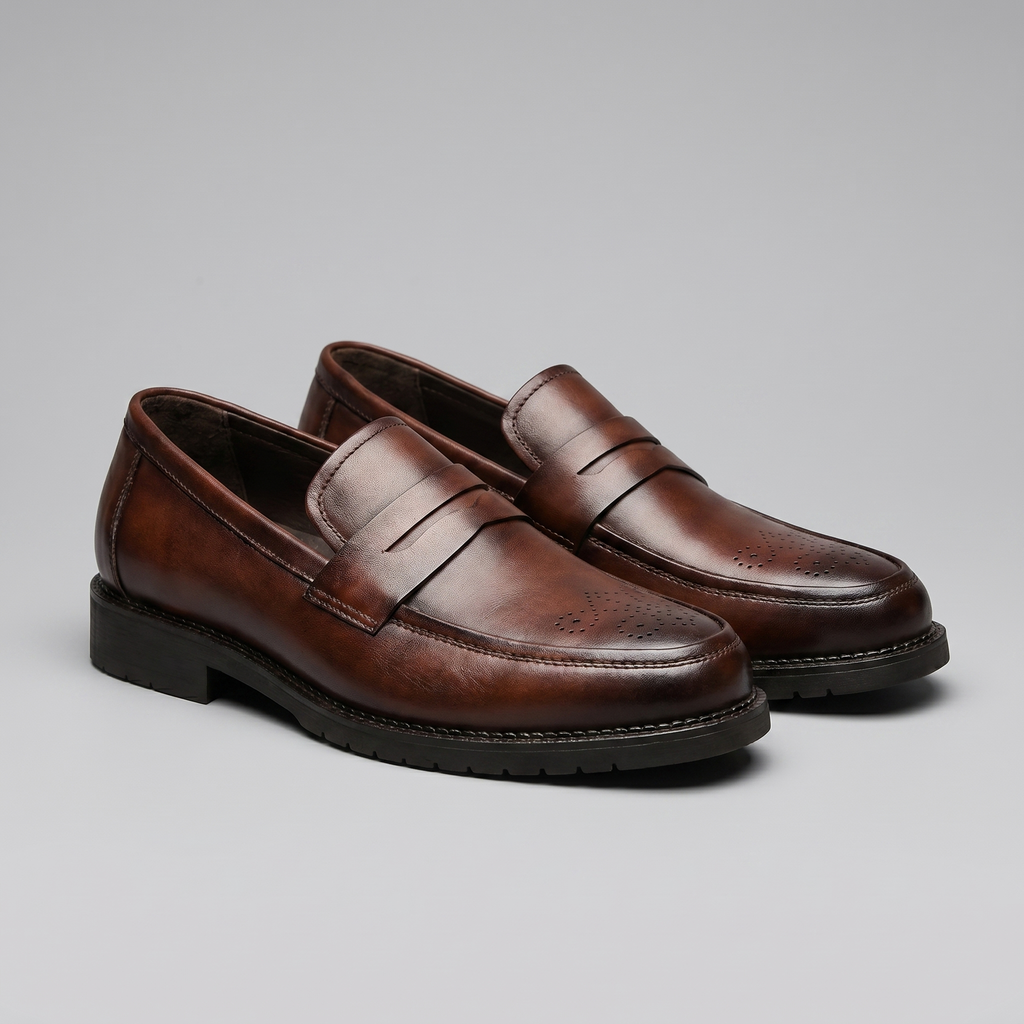 Men's Brogue Penny Loafers - Leather Casual Dress Shoes for Everyday Wear