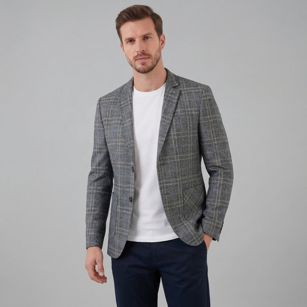 Men's Checked Blazer Jacket - Lightweight Fabric - Smart Casual Wear