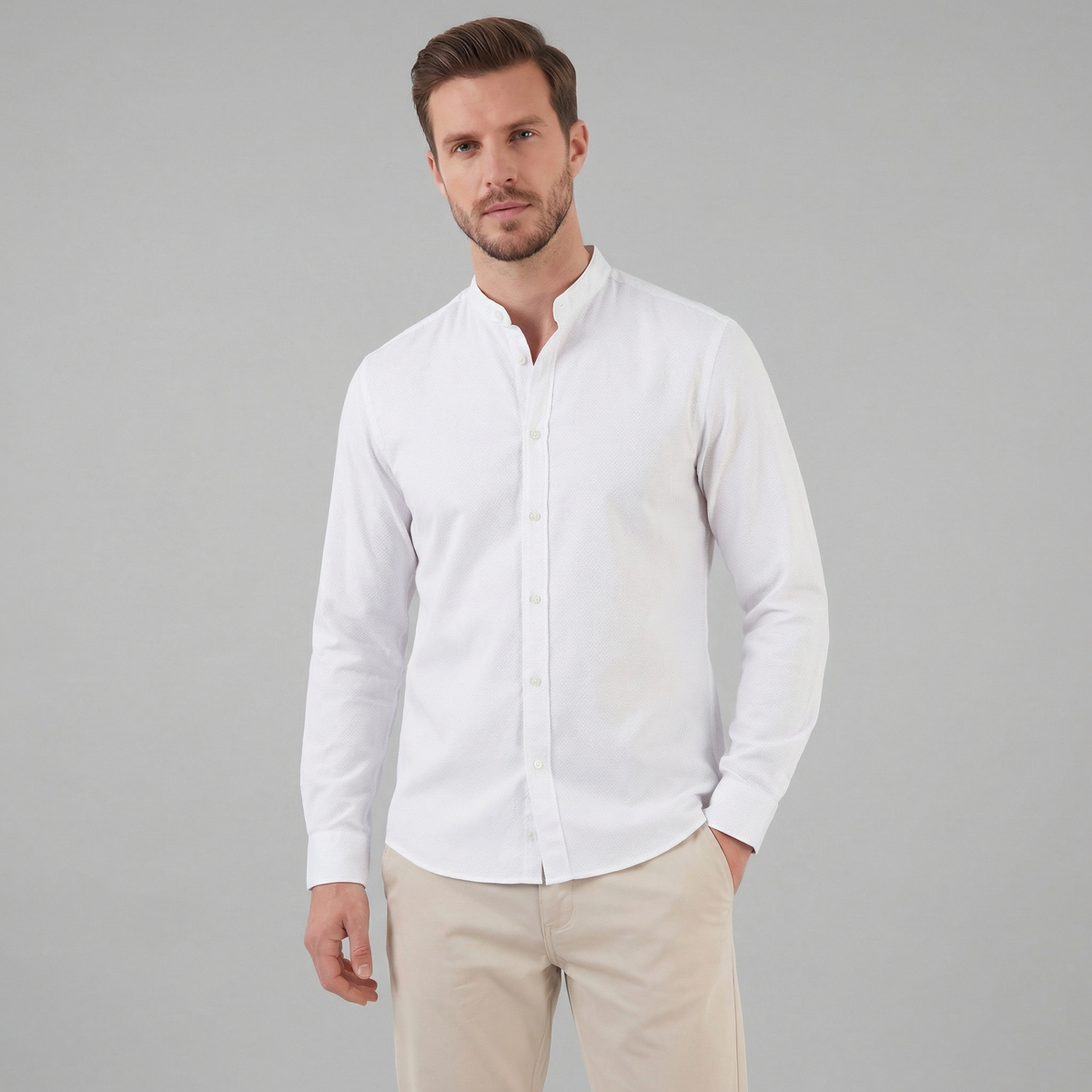 Men's Cotton Henley Collar Dress Shirt for Casual and Formal Wear