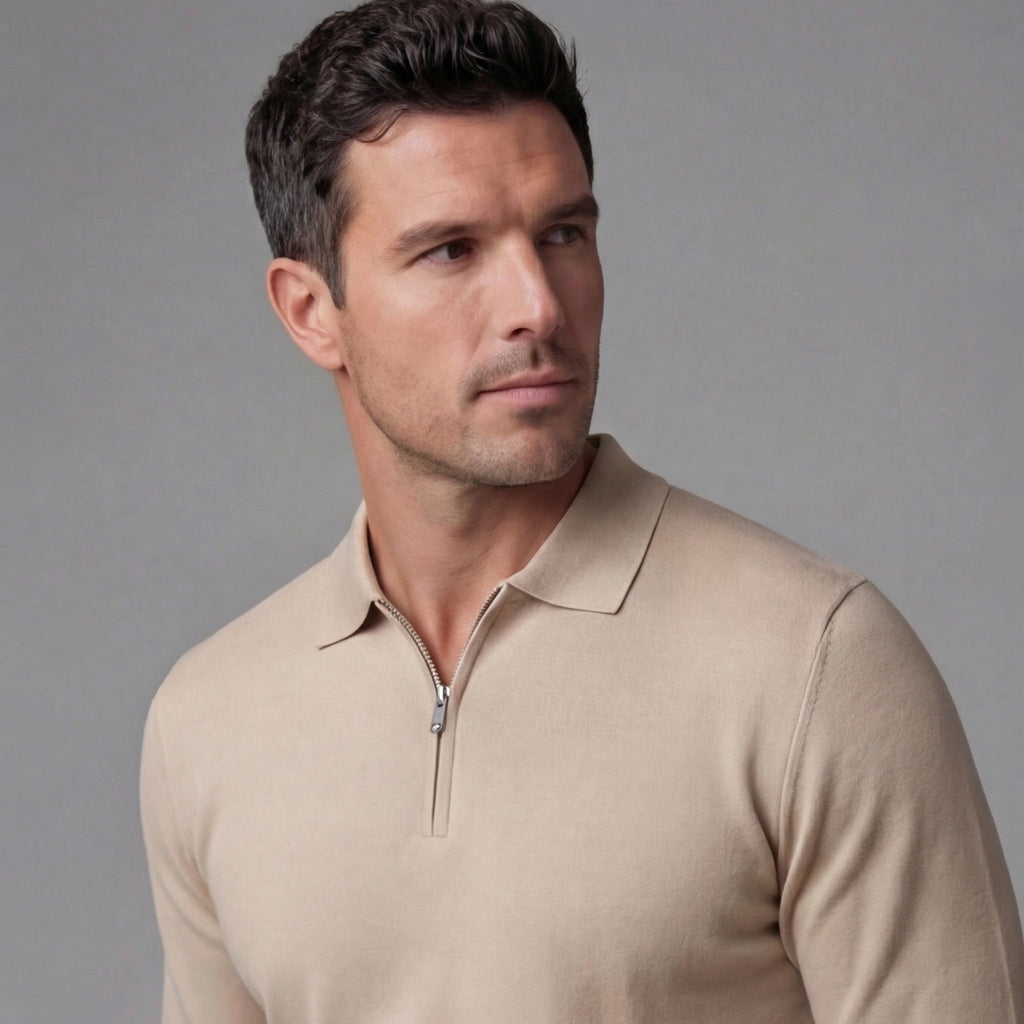 Men's Half Zip Polo Shirt - Lightweight Cotton Blend - Casual Wear - Various Colors