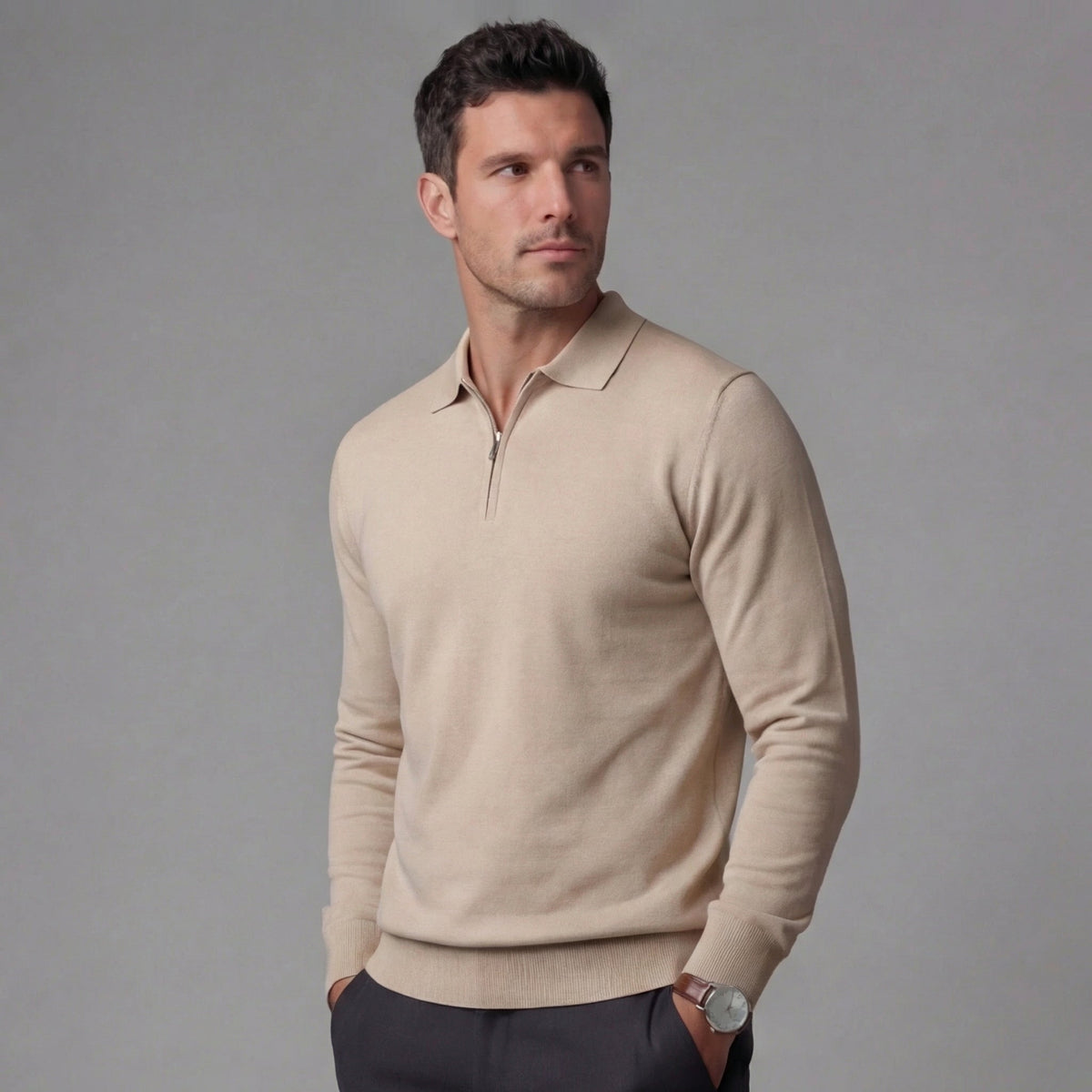 Men's Half Zip Polo Shirt - Lightweight Cotton Blend - Casual Wear - Various Colors