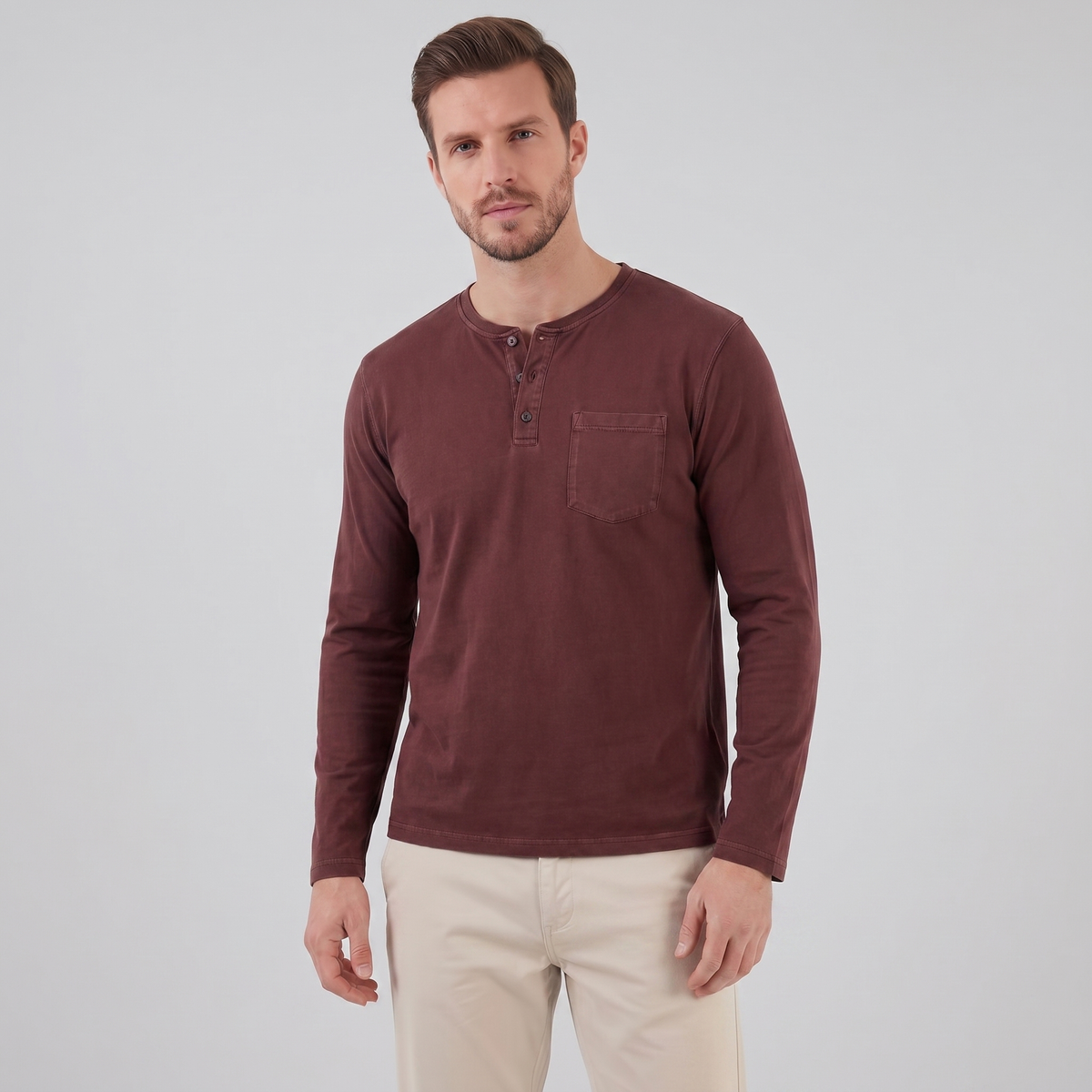 Men's Long Sleeve Cotton Henley Shirt for Casual Wear
