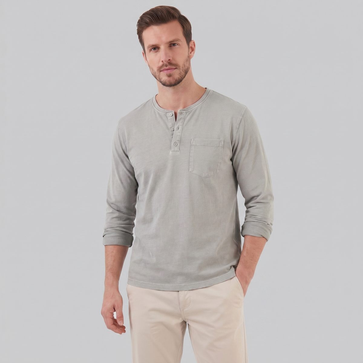 Men's Long Sleeve Cotton Henley Shirt for Casual Wear