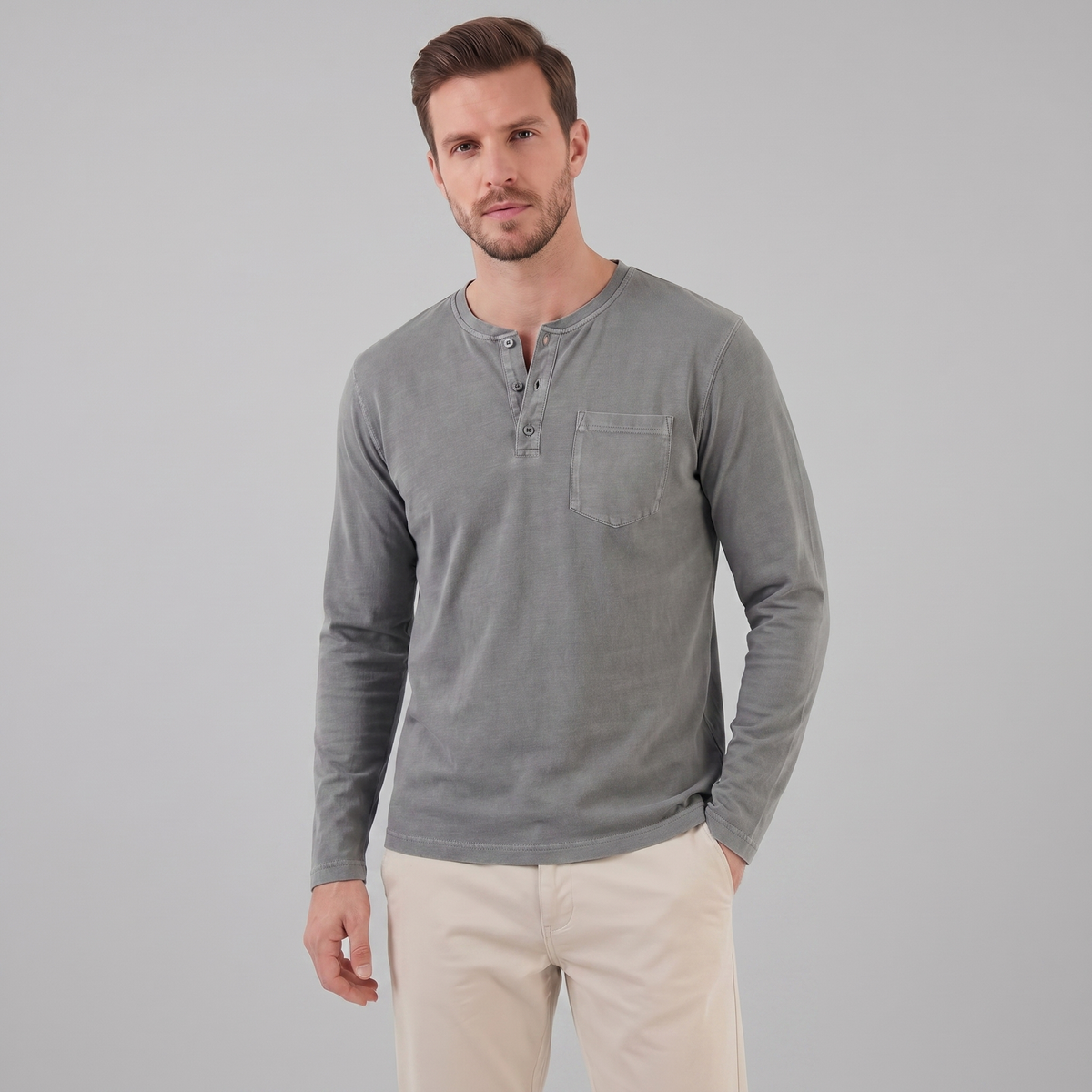 Men's Long Sleeve Cotton Henley Shirt for Casual Wear