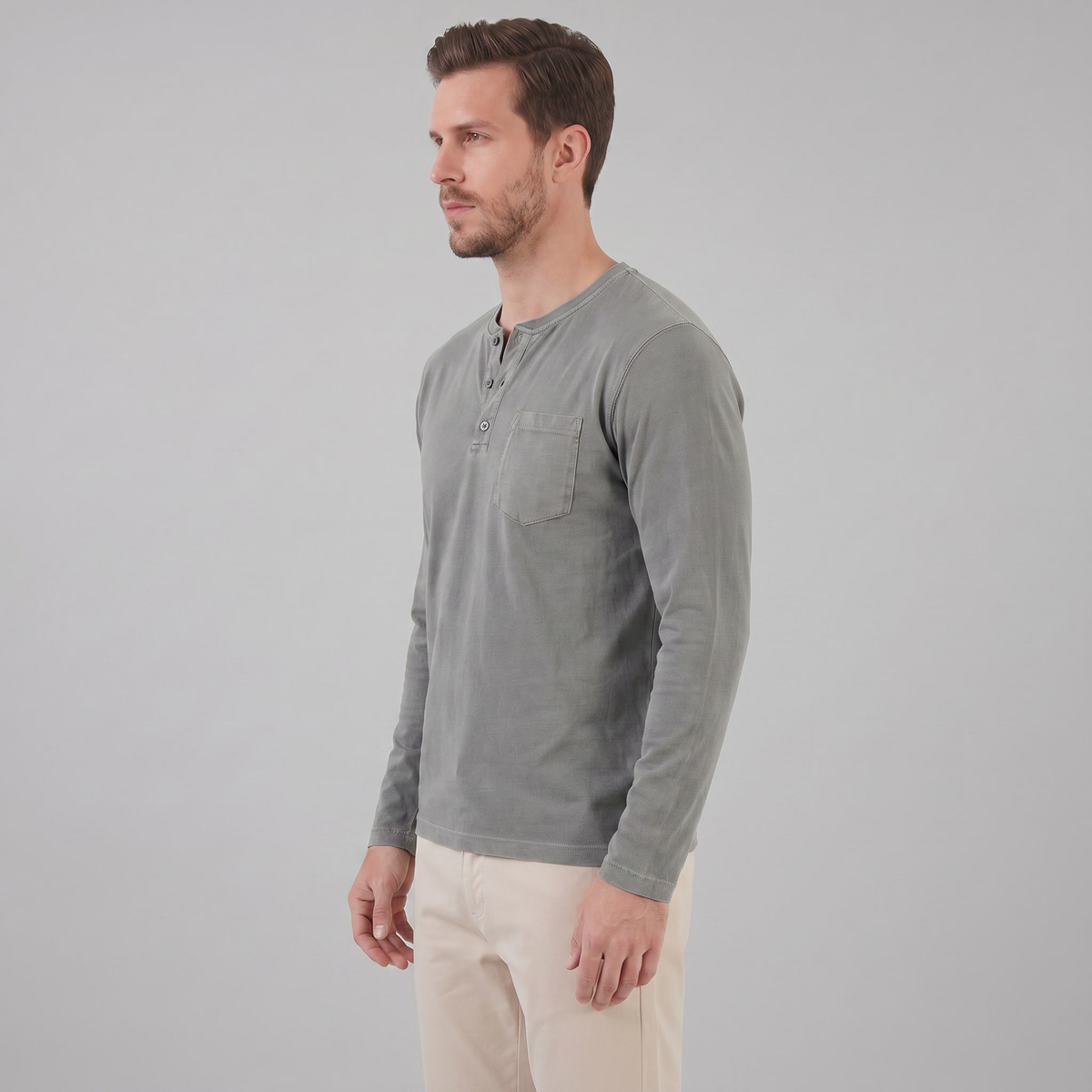 Men's Long Sleeve Cotton Henley Shirt for Casual Wear
