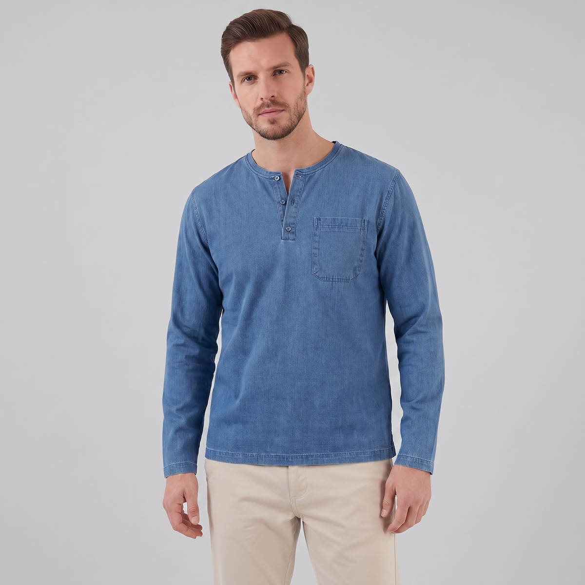 Men's Long Sleeve Cotton Henley Shirt for Casual Wear