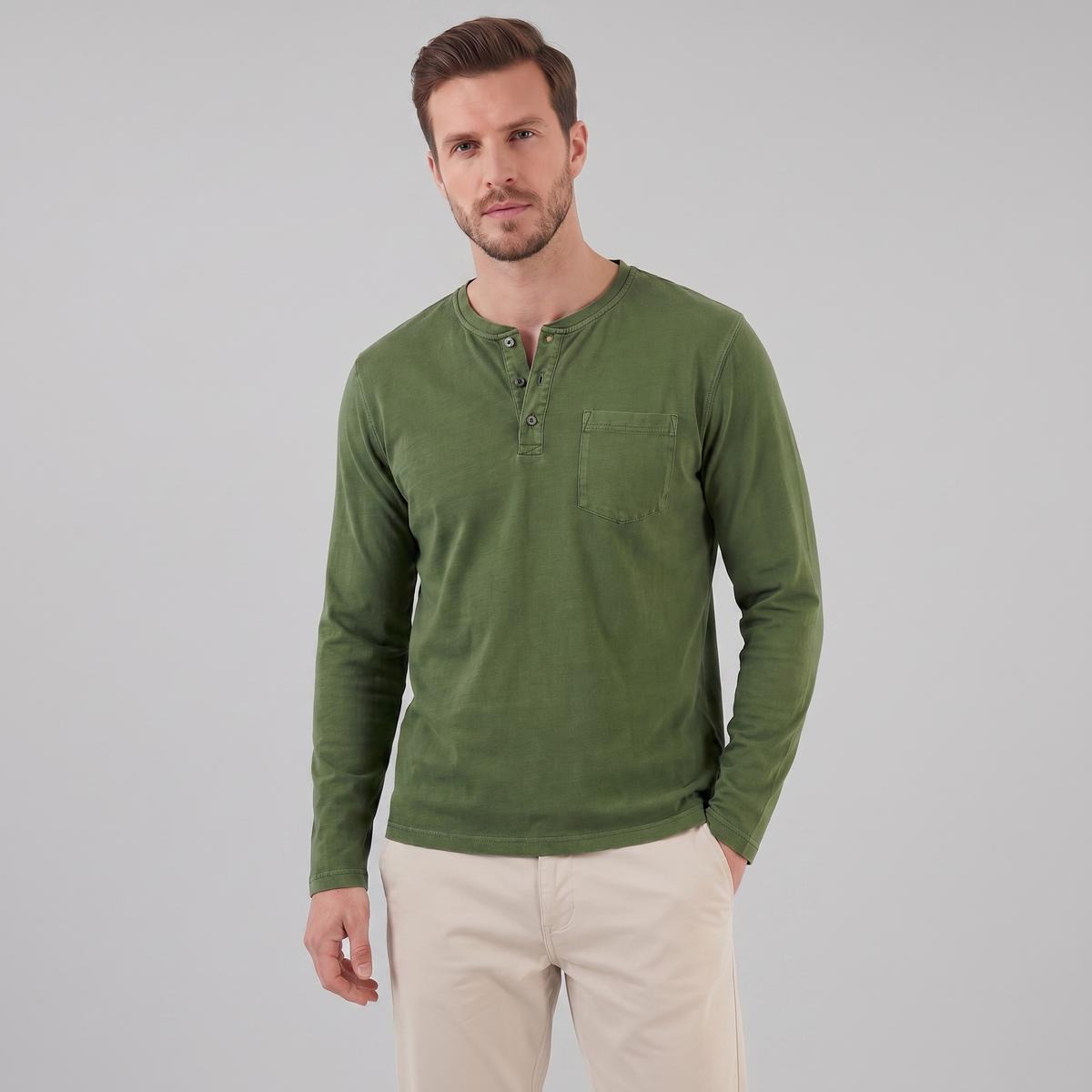 Men's Long Sleeve Cotton Henley Shirt for Casual Wear