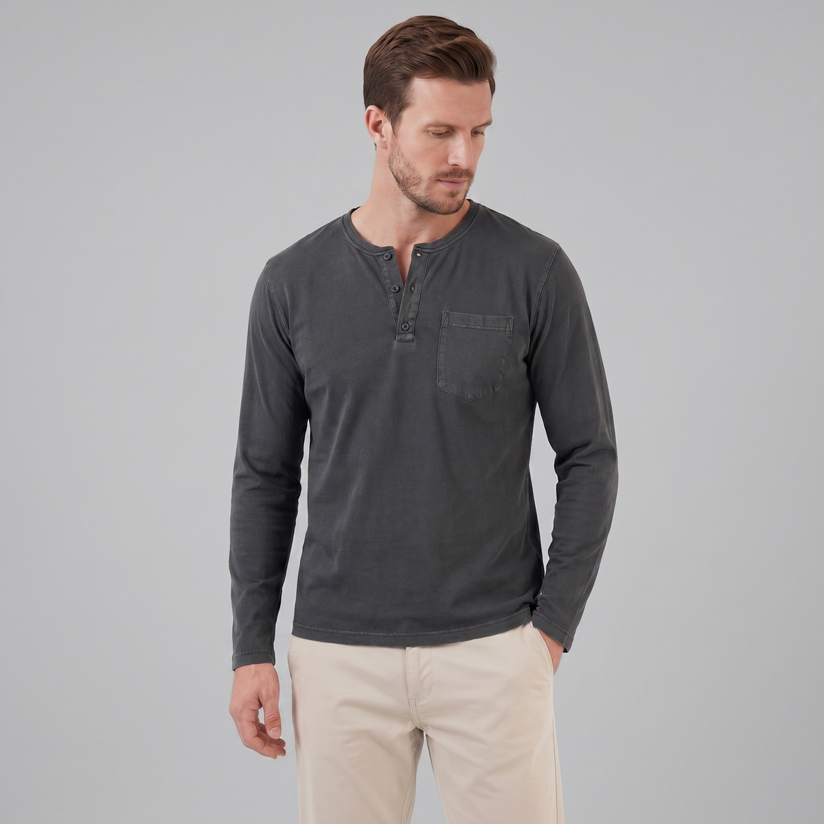 Men's Long Sleeve Cotton Henley Shirt for Casual Wear