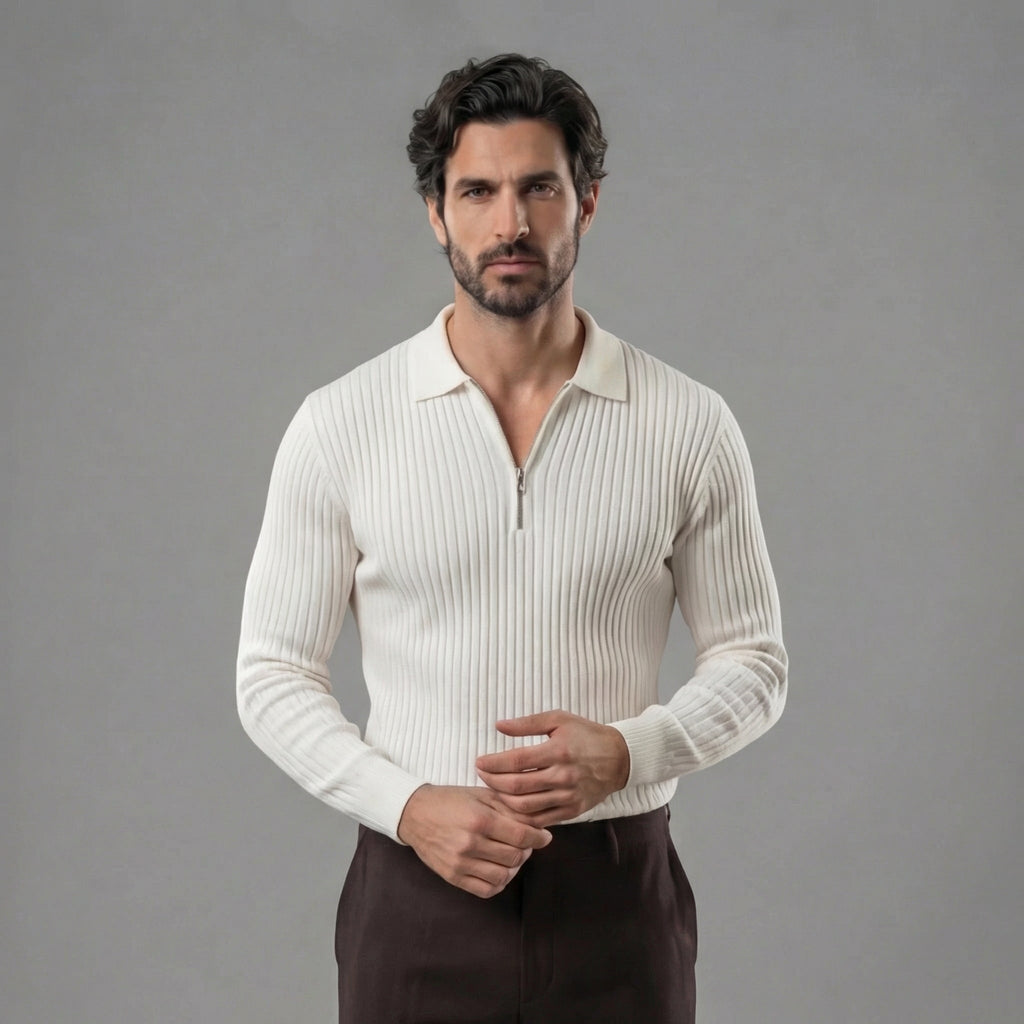 Men's Long Sleeve Zipper Polo Sweater - Comfortable Knit for Casual Wear