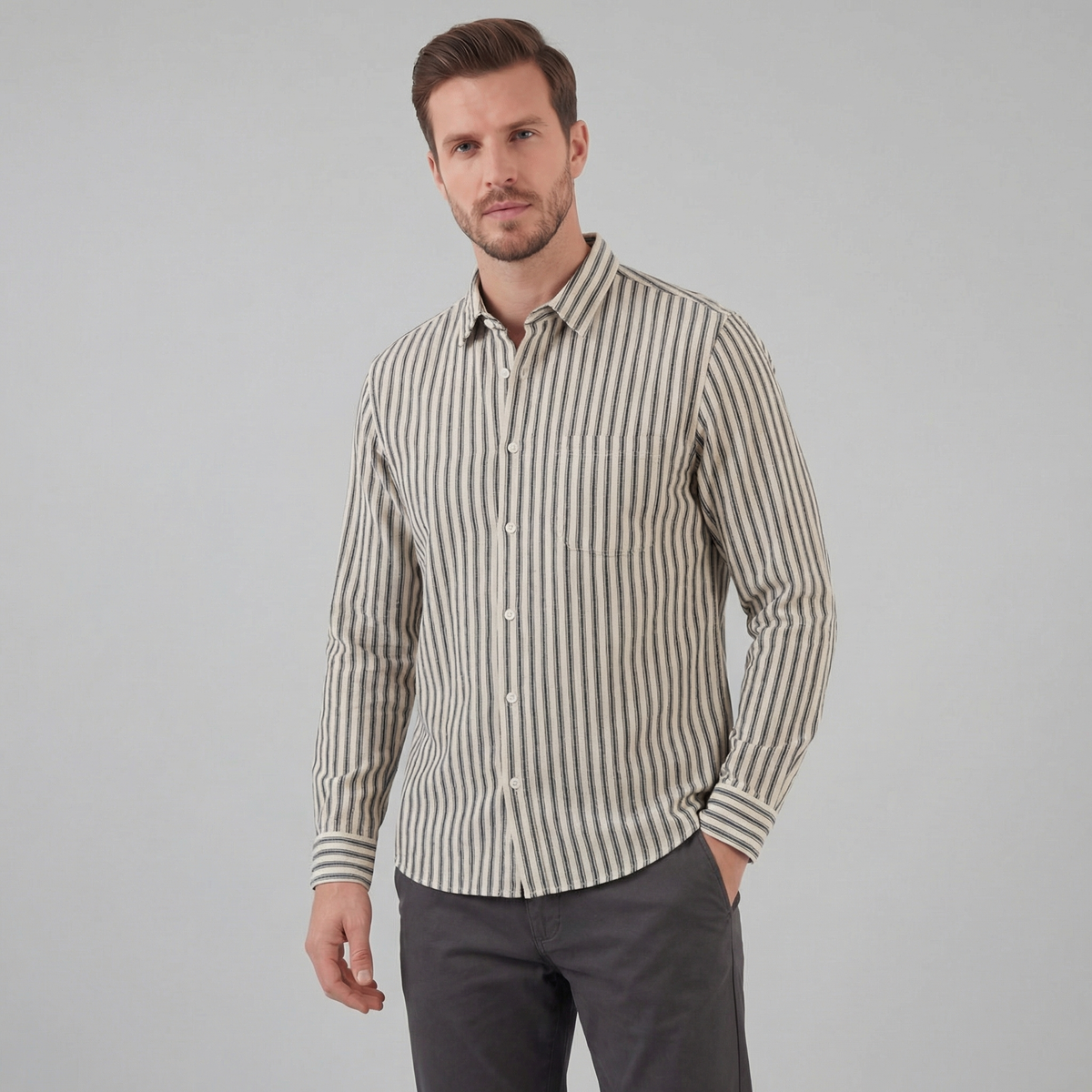 Men's Striped Cotton Dress Shirt - Tailored Fit for Business Casual Wear