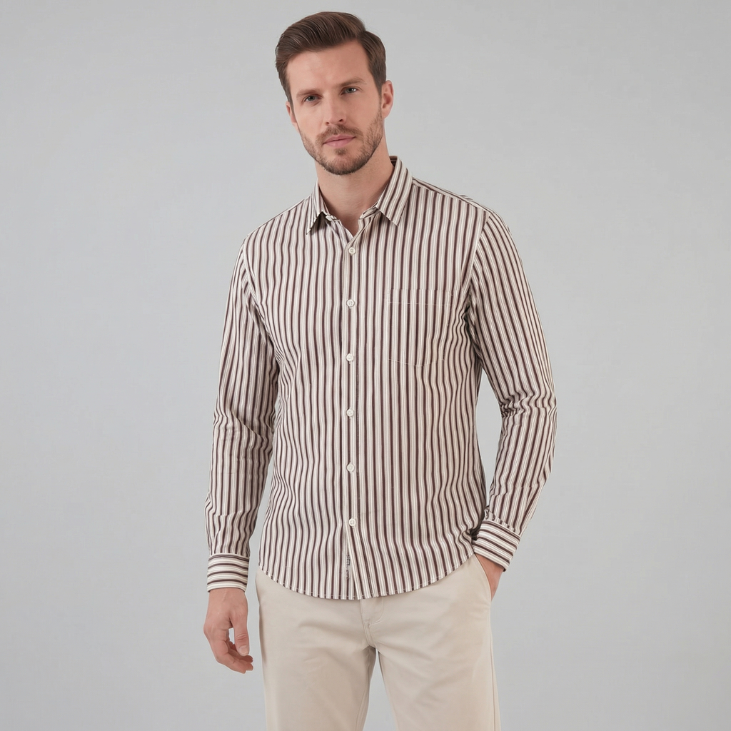 Men's Striped Cotton Dress Shirt - Tailored Fit for Business Casual Wear