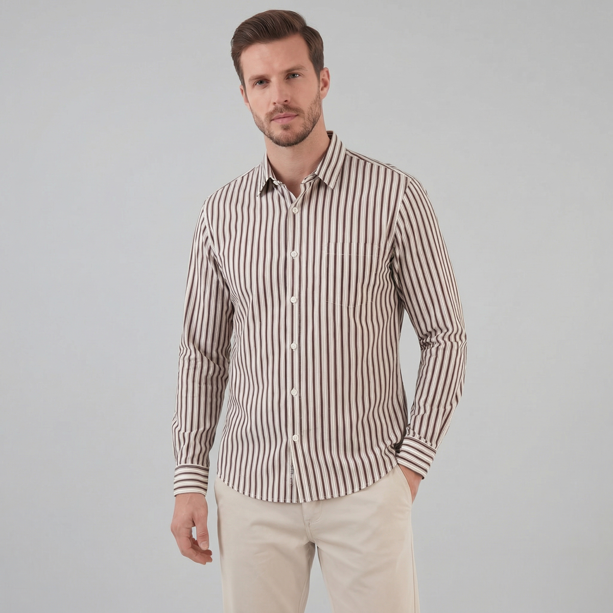 Men's Striped Cotton Dress Shirt - Tailored Fit for Business Casual Wear