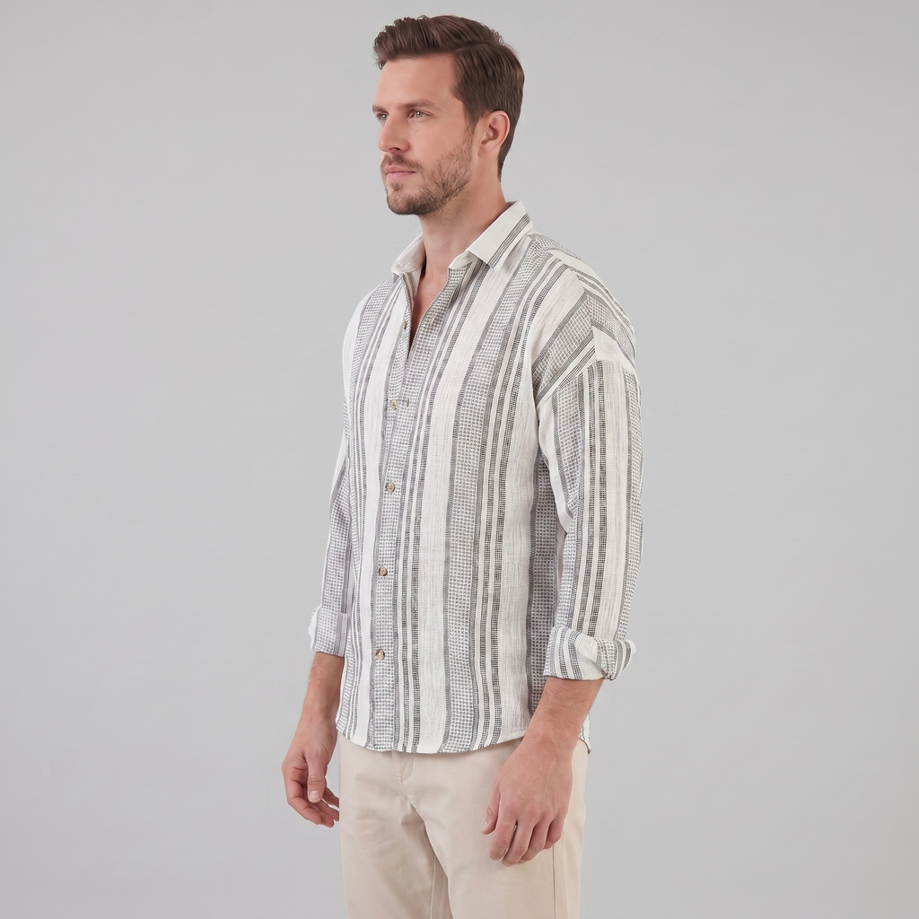 Men's Textured Stripe Summer Button-Up Shirt for Casual Wear