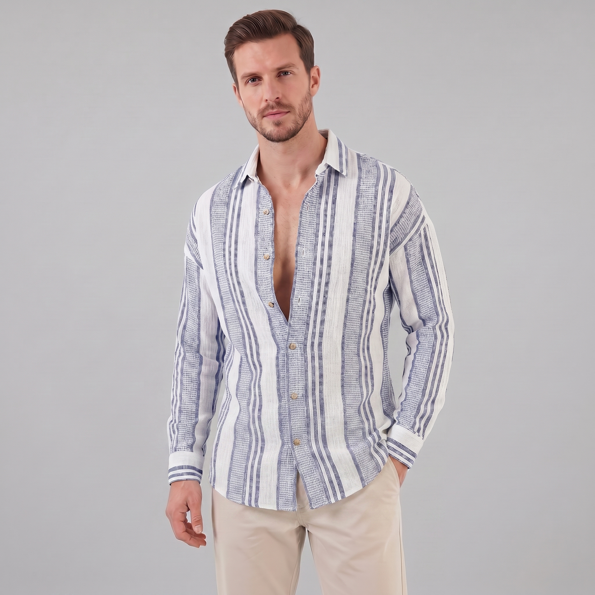 Men's Textured Stripe Summer Button-Up Shirt for Casual Wear