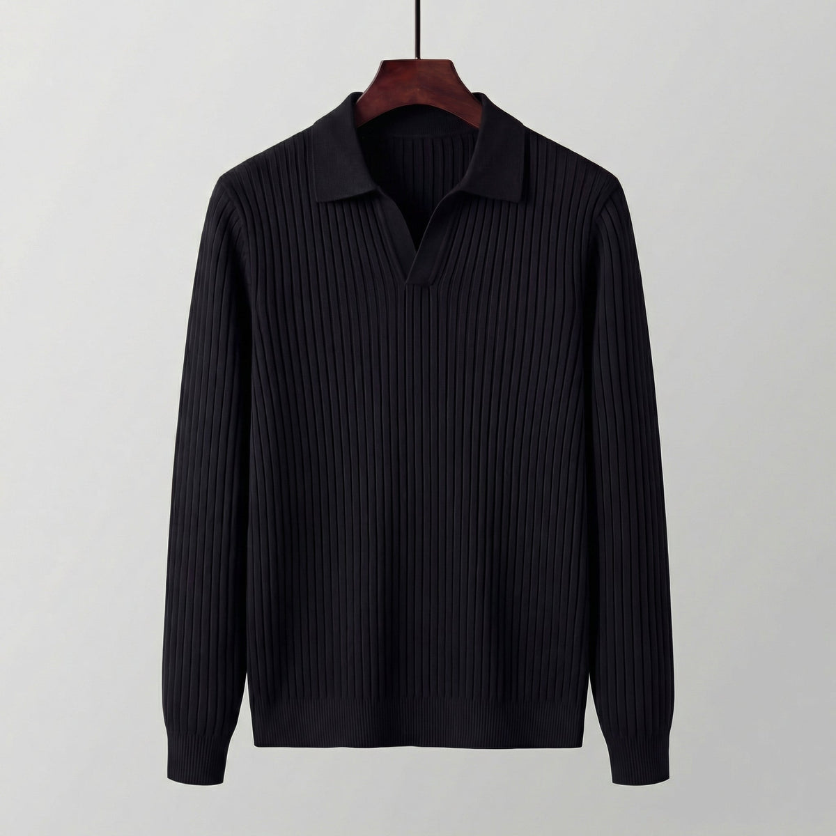Men's V-Neck Long Sleeve Polo Shirt - Soft Cotton Blend for Casual Wear