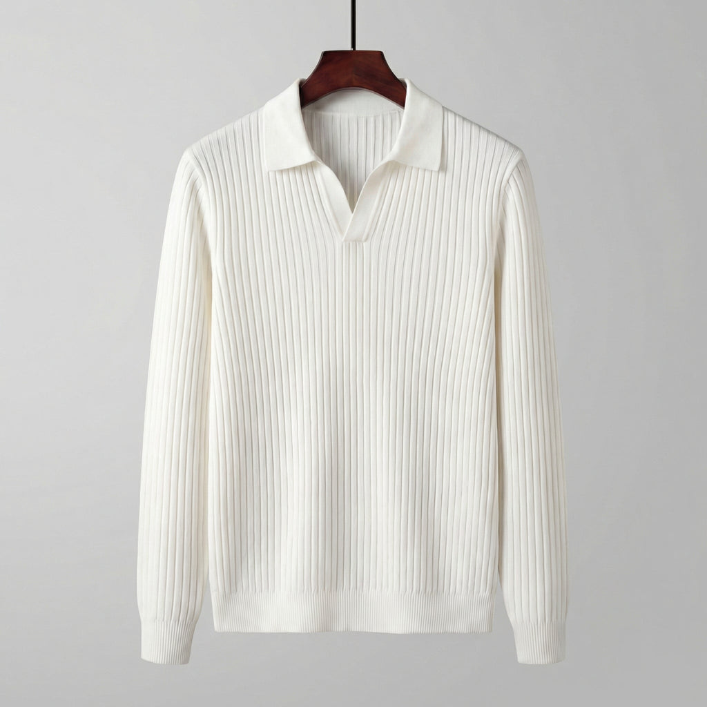 Men's V-Neck Long Sleeve Polo Shirt - Soft Cotton Blend for Casual Wear