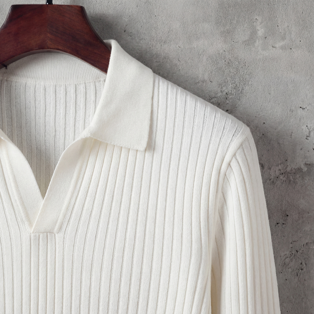Men's V-Neck Long Sleeve Polo Shirt - Soft Cotton Blend for Casual Wear