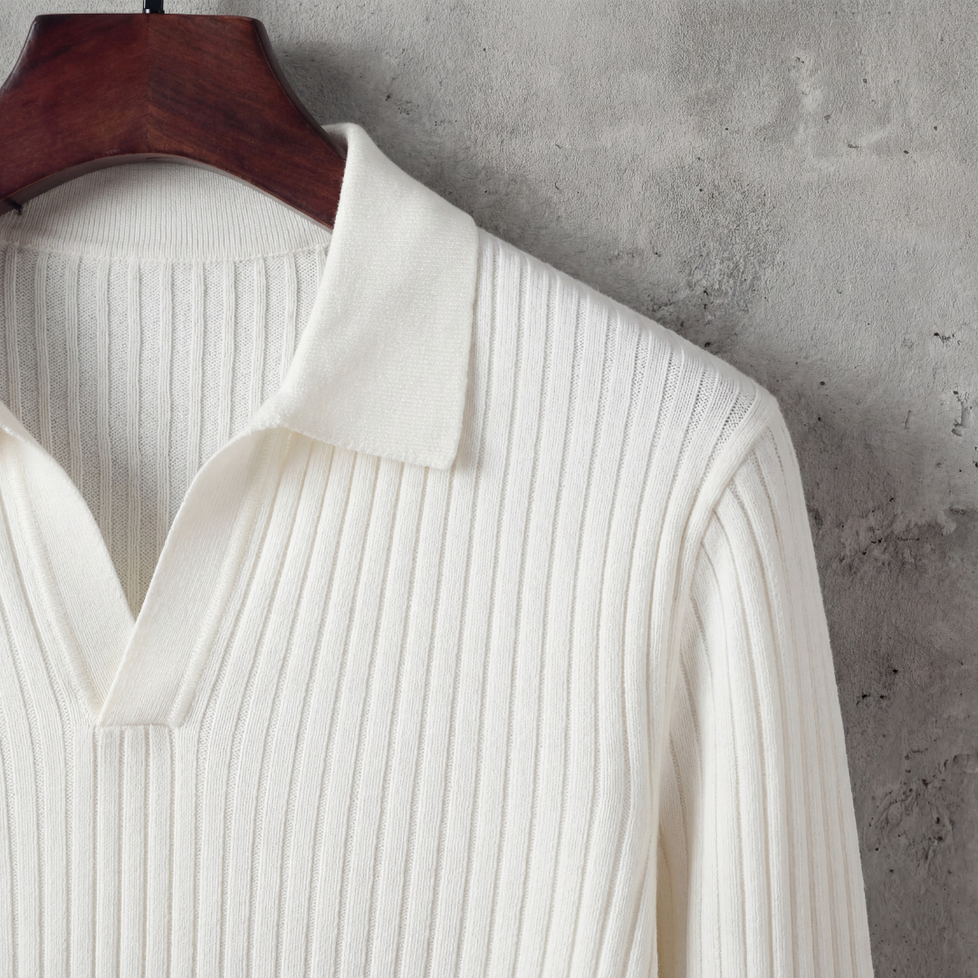 Men's V-Neck Long Sleeve Polo Shirt - Soft Cotton Blend for Casual Wear