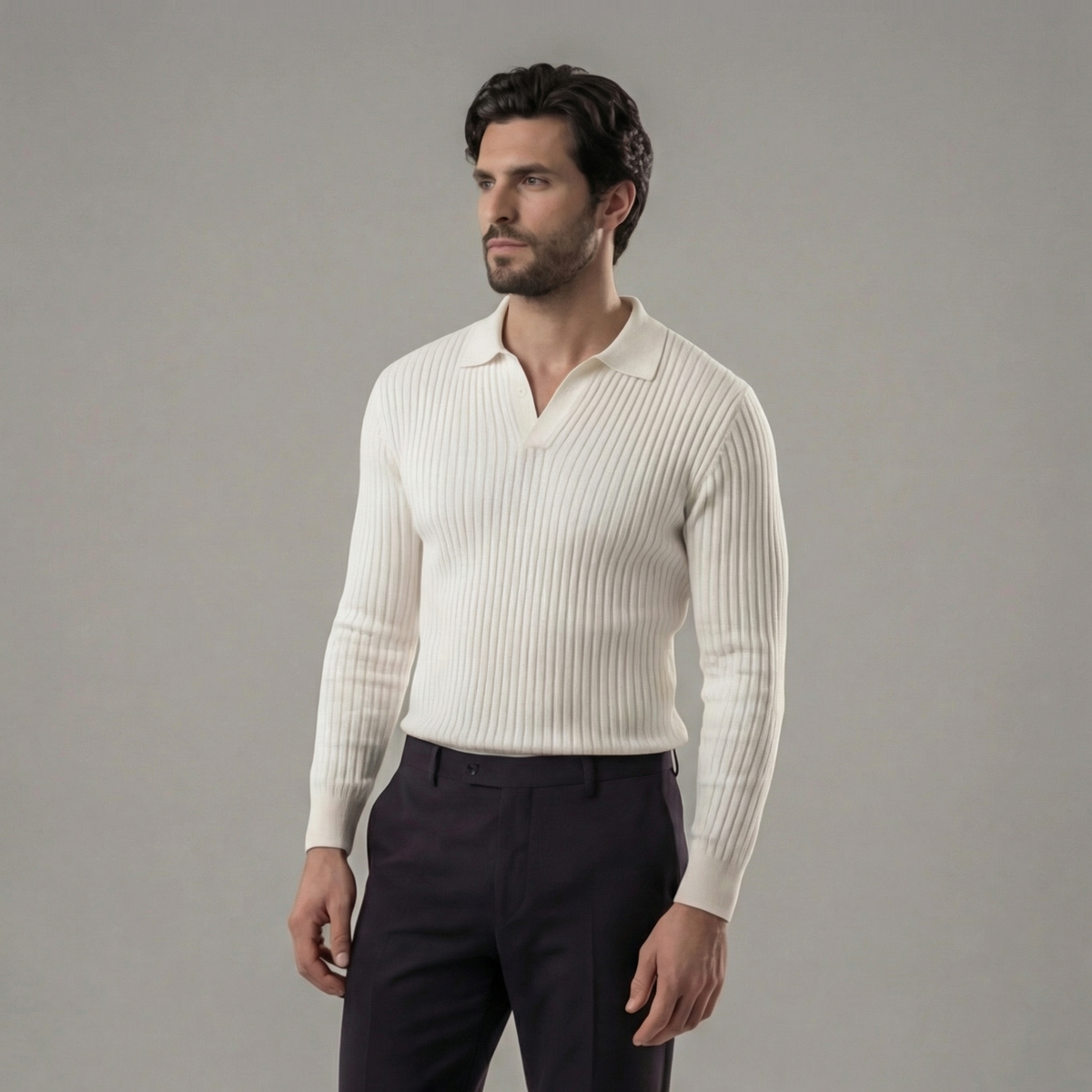 Men's V-Neck Long Sleeve Polo Shirt - Soft Cotton Blend for Casual Wear