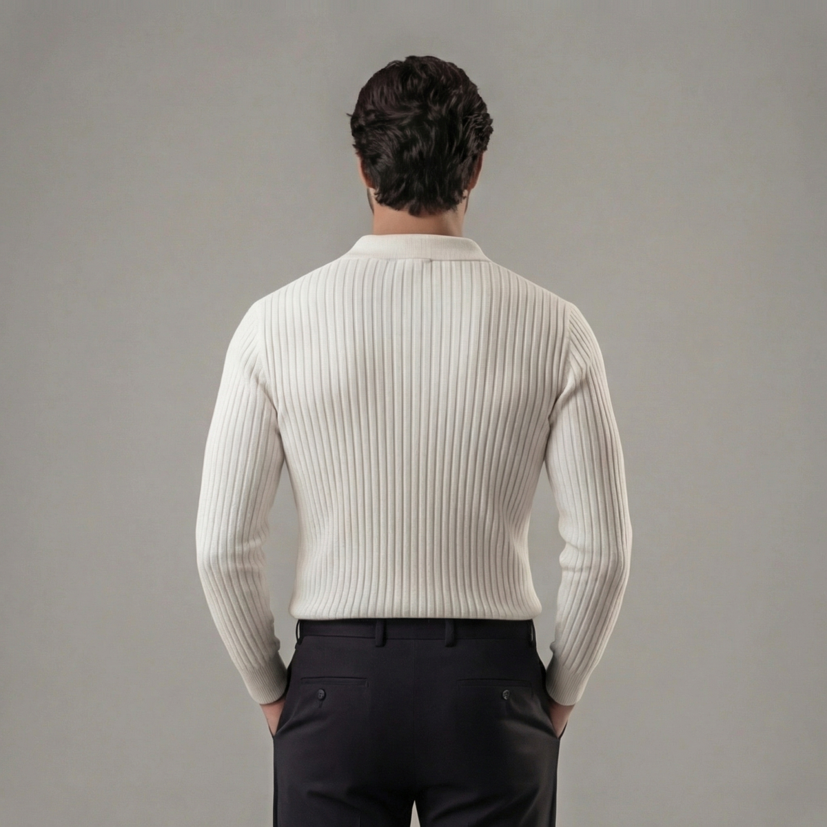 Men's V-Neck Long Sleeve Polo Shirt - Soft Cotton Blend for Casual Wear